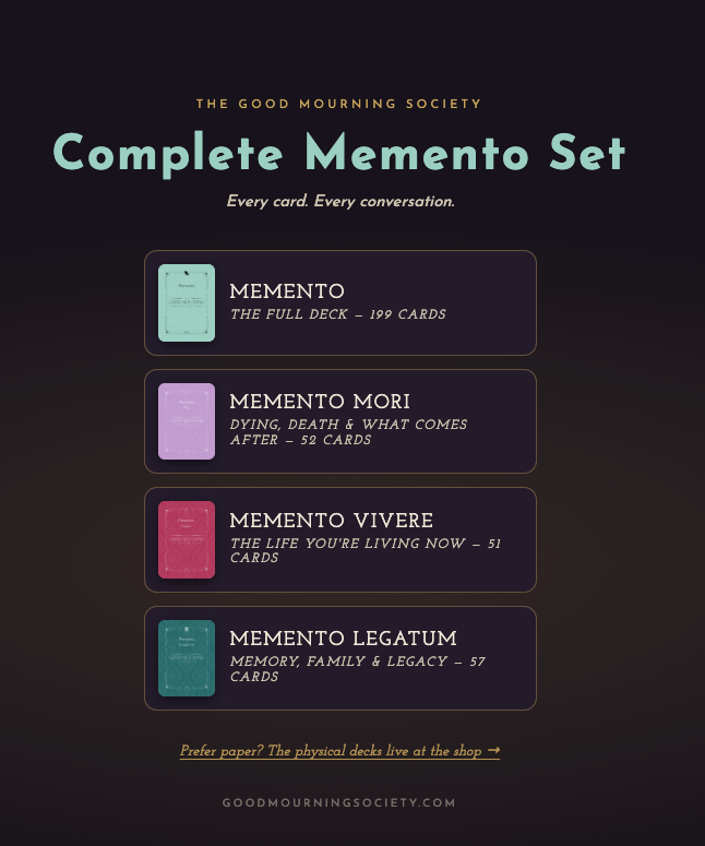 A promotional graphic for The Good Memento Society's Complete Memento Set, showing four physical card decks stacked vertically on a dark background with text labels and small deck illustrations.
