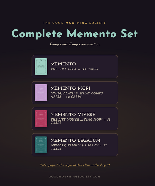 A promotional graphic for The Good Memento Society's Complete Memento Set, showing four physical card decks stacked vertically on a dark background with text labels and small deck illustrations.